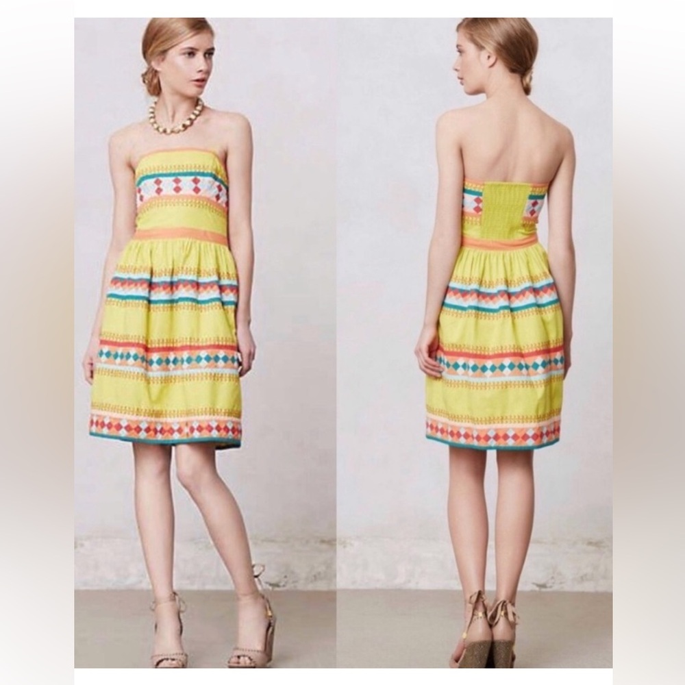 Anthropologie Leifsdottir Quilotoa Strapless Embroidered Dress w/pockets